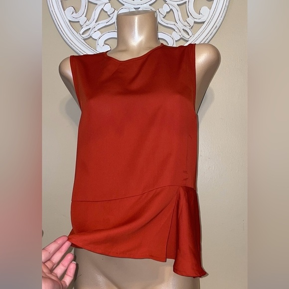 BCBG women’s blouse large 12 14 peplum sleeveless orange red rustic tailor NWT - Picture 3 of 9